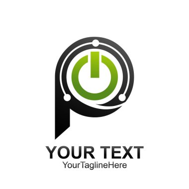 İlk harf P logo şablonu siyah yeşil güç düğmesi tasarımı iş ve şirket kimliği için renkli