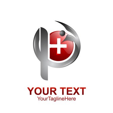 İlk harf P logo şablonu Kırmızı Gümüş daire küre ilaç tasarımı iş ve şirket kimliği için renkli