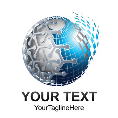 Yaratıcı soyut 3d piksel küre vektör logo tasarım şablonu öğesi. Kavramı mavi gümüş renkli simge