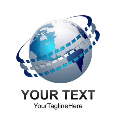 Yaratıcı soyut Dünya gezegenin yörünge vektör logo tasarım şablonu öğesi. Renkli gümüş mavi küre kavramı simgesi