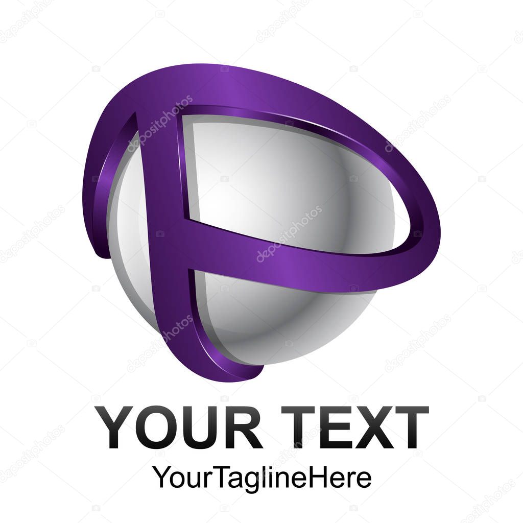 Creative abstract 3d sphere letter P vector logo design template element. Colored purple silver concept icon