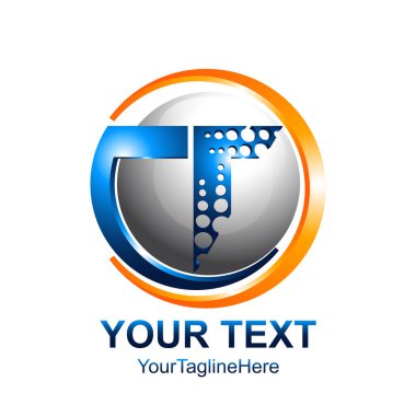 İlk mektup T logo şablonu turuncu mavi daire küre tasarımı iş ve şirket kimliği için renkli