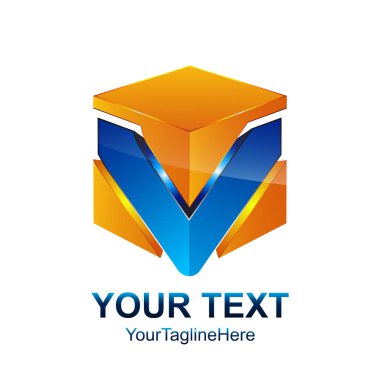 İlk harf V logo şablonu orang mavi küp kutusunu tasarım iş ve şirket kimliği için renkli