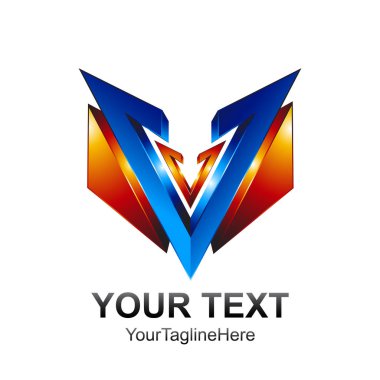 İlk harf V logo şablonu mavi turuncu renkli 3 boyutlu kalkan tasarım iş ve şirket kimliği için
