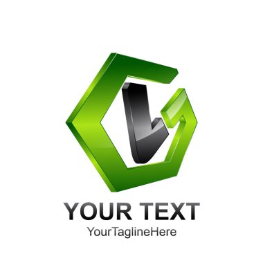 İlk harf V logo şablonu siyah renkli yeşil iş ve şirket kimliği için 3d altıgen tasarım