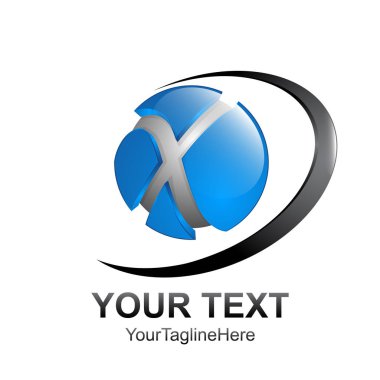 İlk harf X logo şablonu siyah mavi renkli Küre tasarımı iş ve şirket kimliği için swoosh