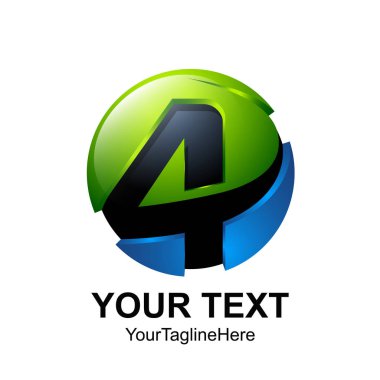 Yaratıcı soyut 3d sayı dört vektör logo tasarım şablonu öğesi. Renkli siyah yeşil kavramı mavi kutsal kişilerin resmi