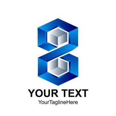 Yaratıcı soyut altıgen 3d sayısı sekiz vektör logo tasarım şablonu öğesi. Kavramı mavi gümüş renkli simge