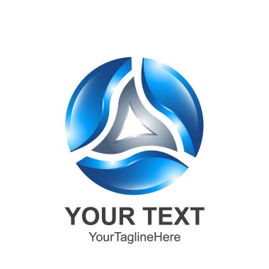 Yaratıcı soyut 3d üçgen küre vektör logo tasarım şablonu öğesi daire içine alın. Kavramı mavi gümüş renkli simge