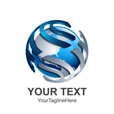 Yaratıcı soyut 3d dünya dünya vektör logo tasarım şablonu öğesi küre. Kavramı mavi gümüş renkli simge