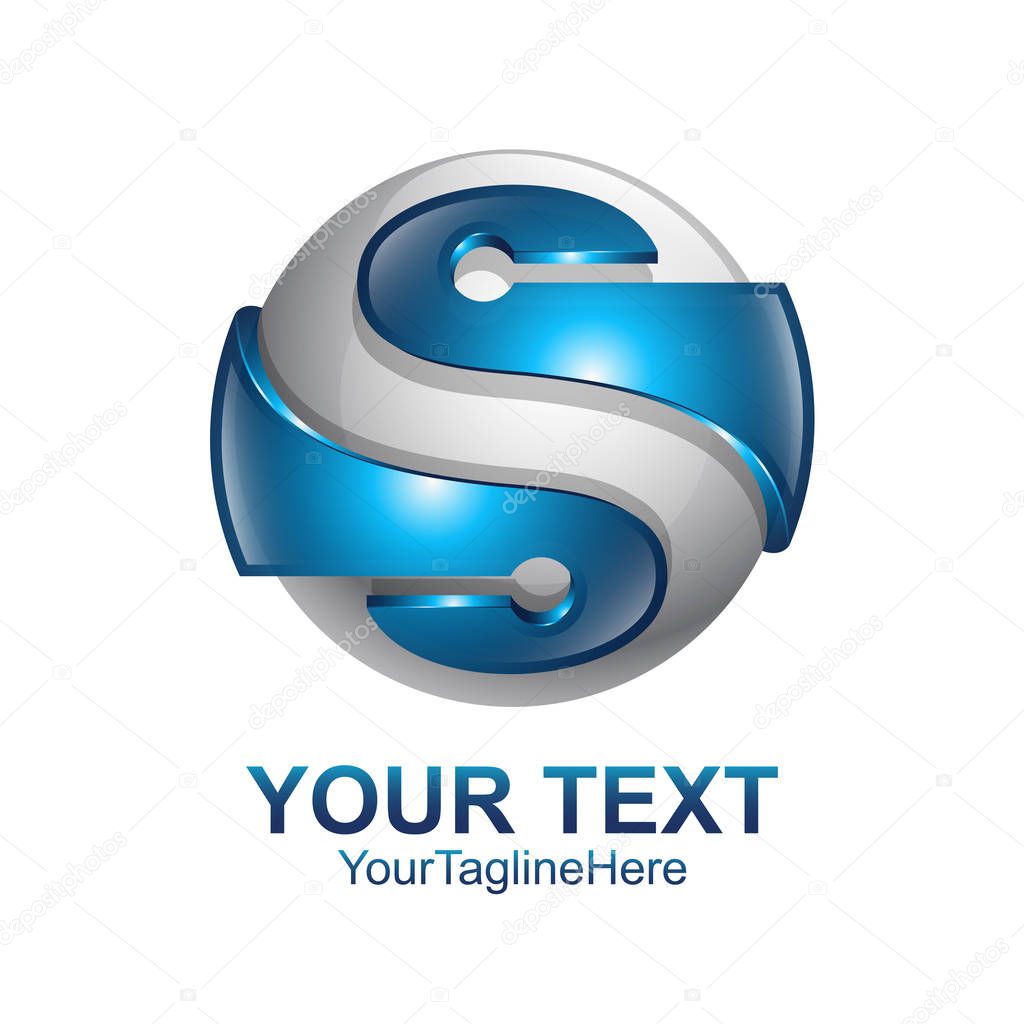 Letter S logo design template colored silver blue circle sphere design for business and company identity. Abstract initial S alphabet logo element.