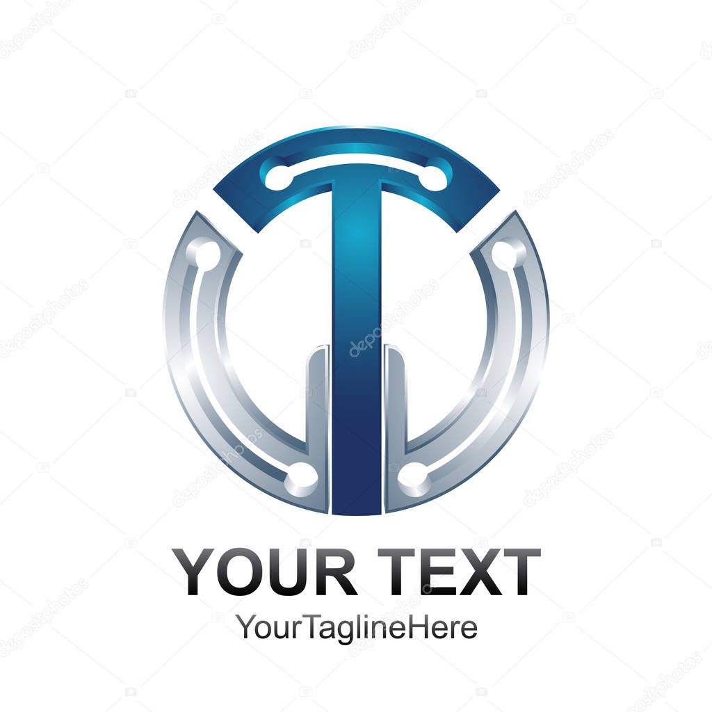 Initial letter T or TW logo template colored silver blue circle design for business and company identity