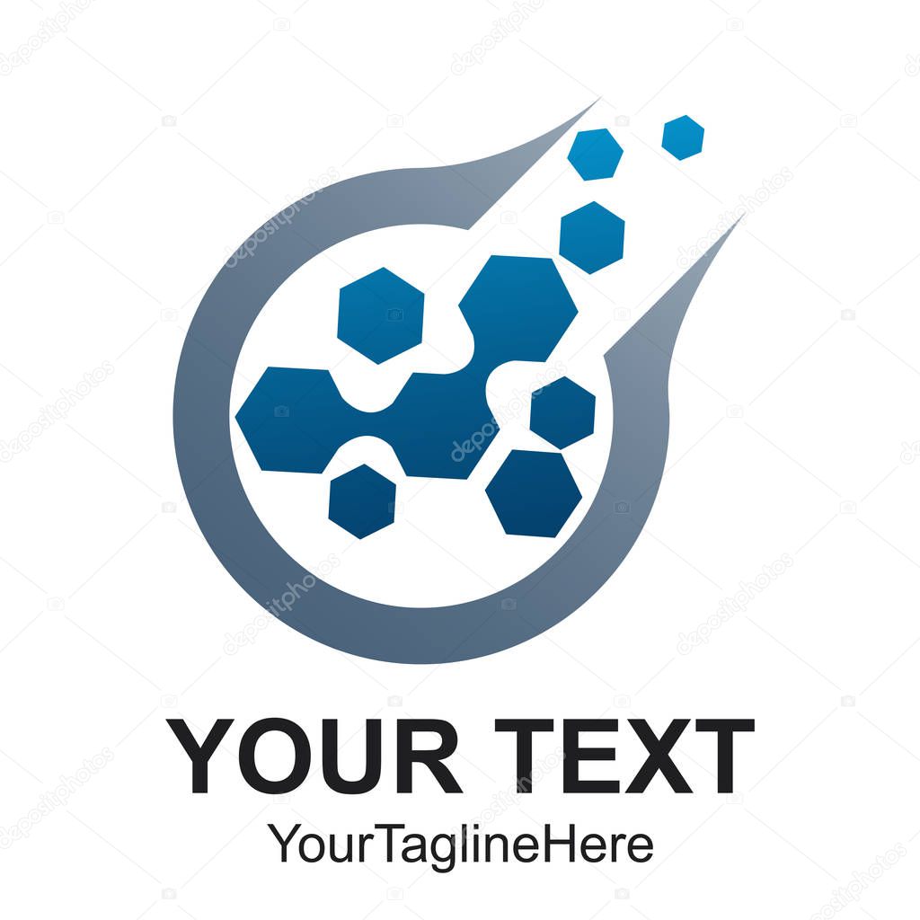 Abstract isolated logo from blue connect dots, hexagon logos template, molecular equipment sign, nano technology engineering symbol