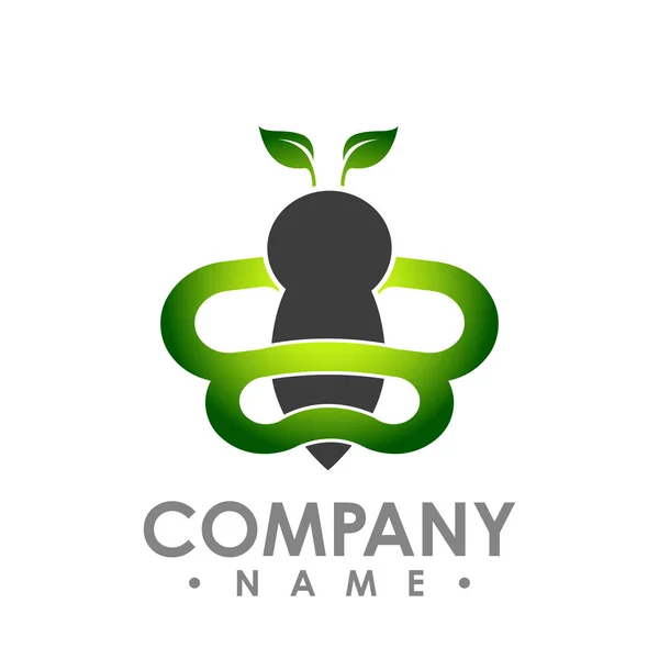 Logo Abstrakte Biene Fliegen Mit Grünen Blatt Flügel Vektor Logo — Stockvektor