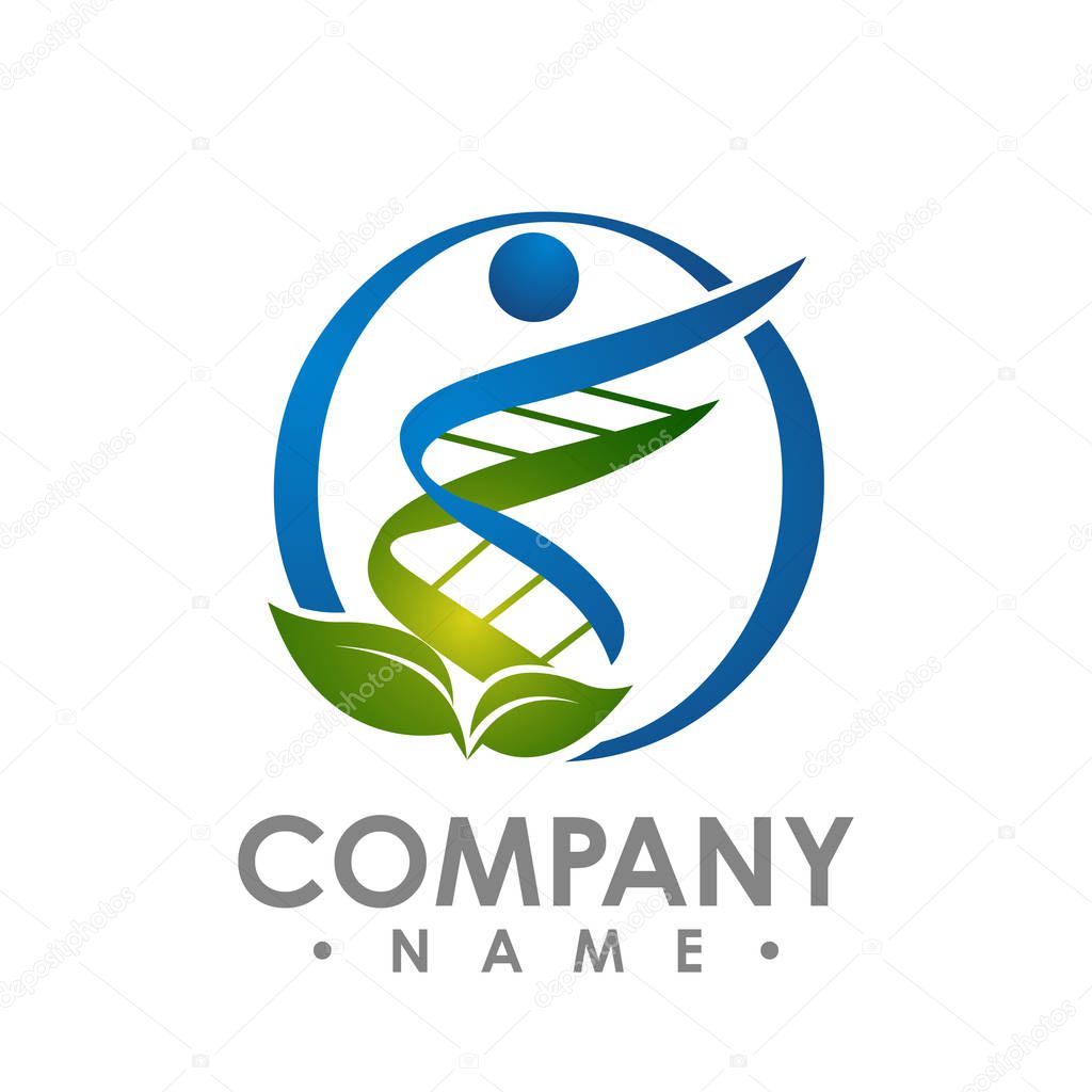 Eco dna helix of people shape with green leafs vector logo design