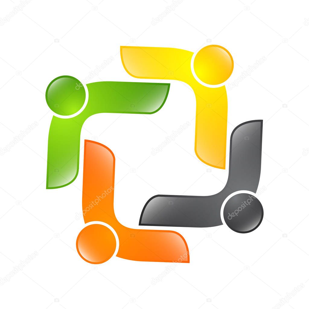 Abstract vector logo depicting the stylized people, who hold hands and are united in a union, human help and cohesion