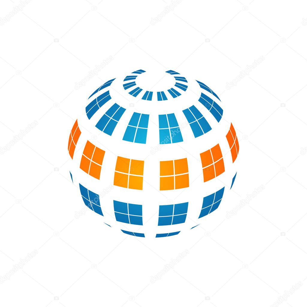 Sphere Earth logo template. Globe sign with blue and orange color