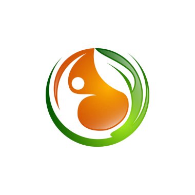 Yuvarlak sağlık insan vektör logo kavramı çizim yaprak ve insanlarla. İnsan karakteri logo işareti. Sağlık logo işareti. Doğa logo işareti. Yeşil yaşam logo sinyali. Vektör logo şablonu