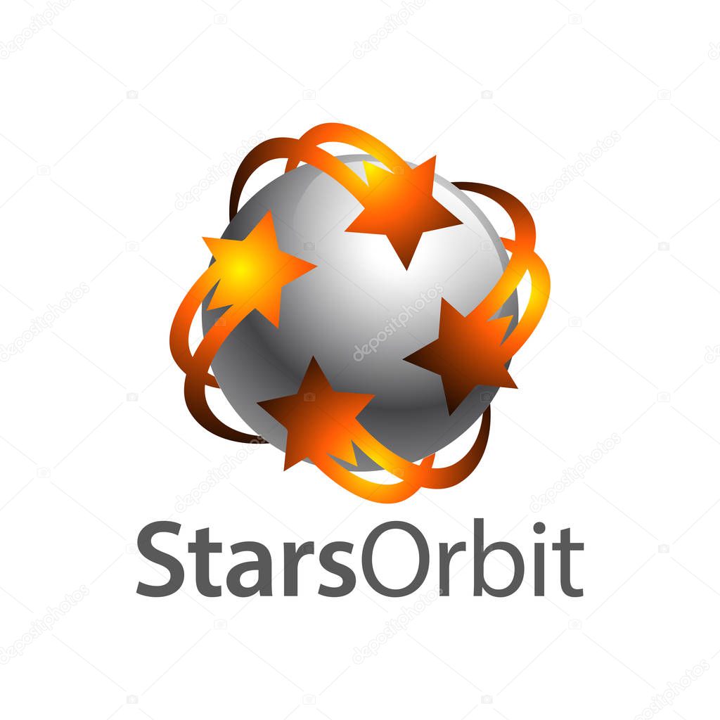 Stars orbit on grey sphere inside logo concept design template idea