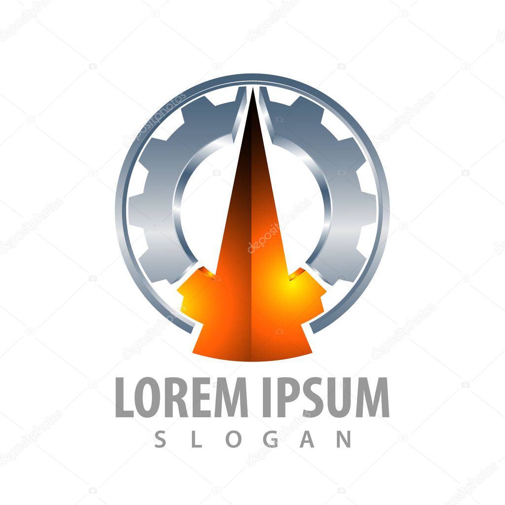 3D gear and triangle tower logo concept design. Symbol graphic template element