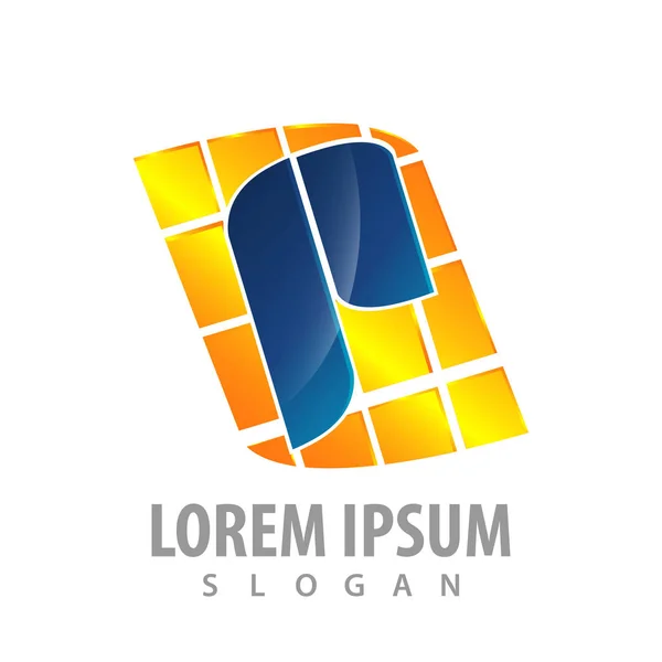Letra inicial P pixel quadrado design do conceito do logotipo. Amarelo azul c —  Vetores de Stock