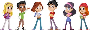 Sevimli çizgi çocuk kitapları ile. Genç öğrenciler.