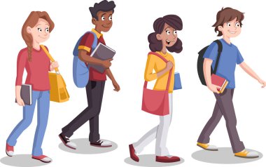 Gençler öğrenciler yürüyüş. Karikatür gençler. 