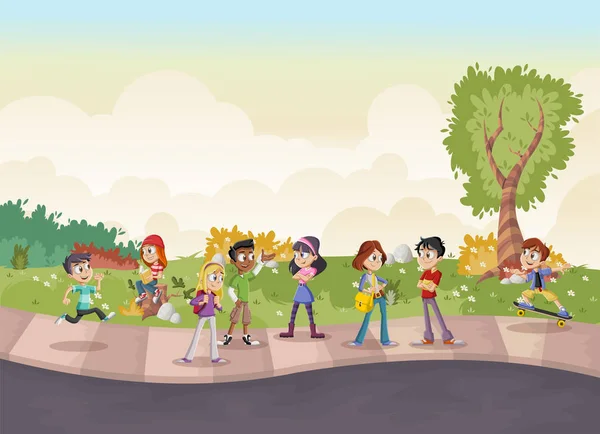 Paysage Vert Parc Avec Mignon Dessin Animé Adolescents — Image vectorielle