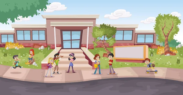 Çizgi Film Öğrencilerin Okul Binası Önünde — Stok Vektör