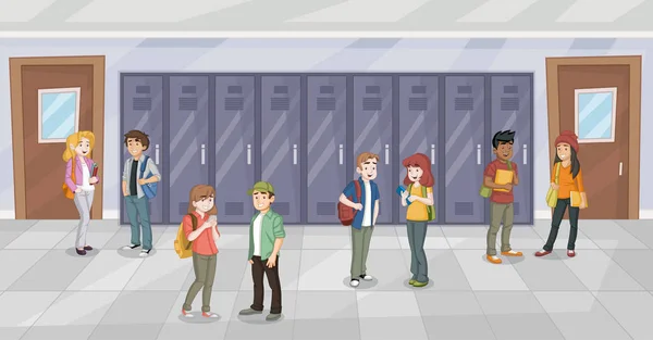 Cartoon Students School Corridor Teenagers — Stock Vector
