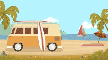 Eski model araba bir surfboard ile Beach çatıda. Yaz tatili. 