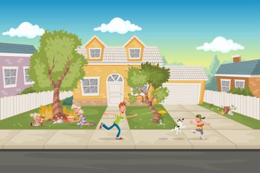 Çizgi film aile bir evin önünde. Banliyösü mahalle