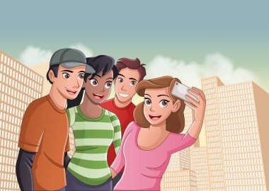 Gençlerin grup selfie fotoğrafta şehirde çizgi film