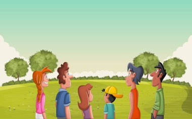 Bir grup insan yeşil park peyzaj çimenler ve ağaçlar ile seyir.