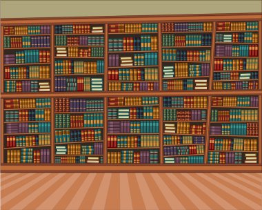 Pek çok kitap ile büyük karikatür kitaplığı.