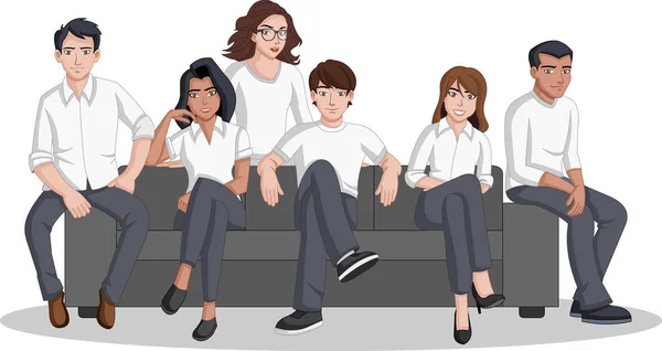 Grupo Personajes Dibujos Animados Sentados Sofá — Vector de stock