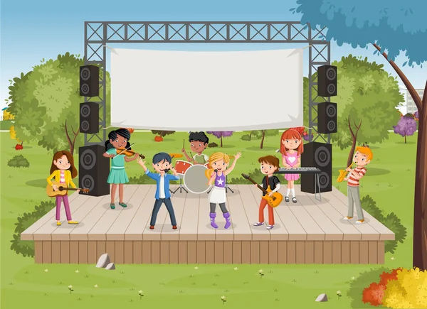 带卡通儿童在公园舞台上演奏音乐 — 图库矢量图片