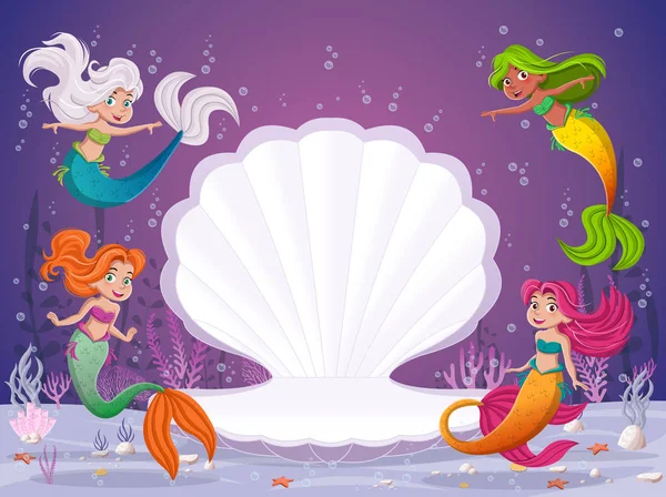 Sirenas Dibujos Animados Nadando Alrededor Concha Abierta — Archivo Imágenes Vectoriales