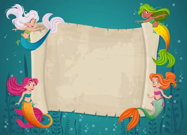 Γοργόνα Κορίτσια Κολύμπι Στο Μέτωπο Της Παλιάς Χάρτη Χαρτί — Διανυσματικό Αρχείο