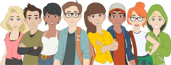 Group Cartoon Young People Teenagers — Stock Vector