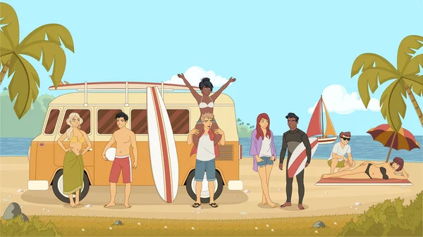 Cartoon Junge Freunde Strand Sommerferien Oldtimer Strand Mit Surfbrett Auf — Stockvektor