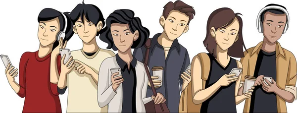 Cartoon Jeunes Avec Des Téléphones Intelligents — Image vectorielle