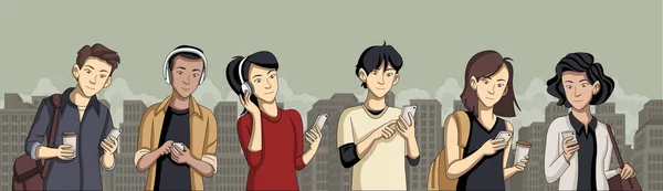 Gente Ciudad Con Teléfonos Inteligentes — Vector de stock