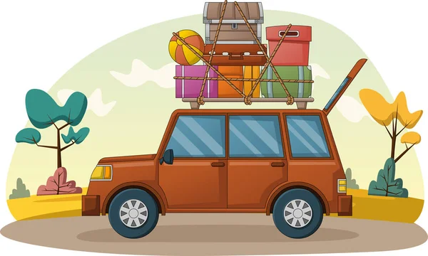 Cartoon Voiture Avec Valises Sur Toit Voiture Voiture Avec Valises — Image vectorielle