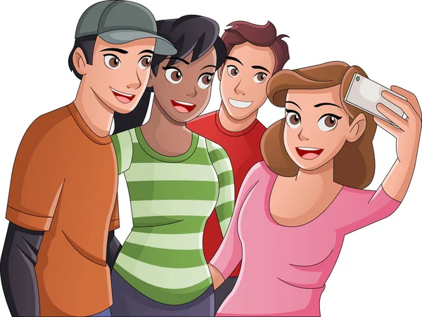 Group Cartoon Young People Taking Selfie Photo Picture Teenagers — Stock Vector