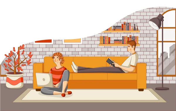 Young Couple Reading Book Using Laptop Sofa Living Room — Stock Vector