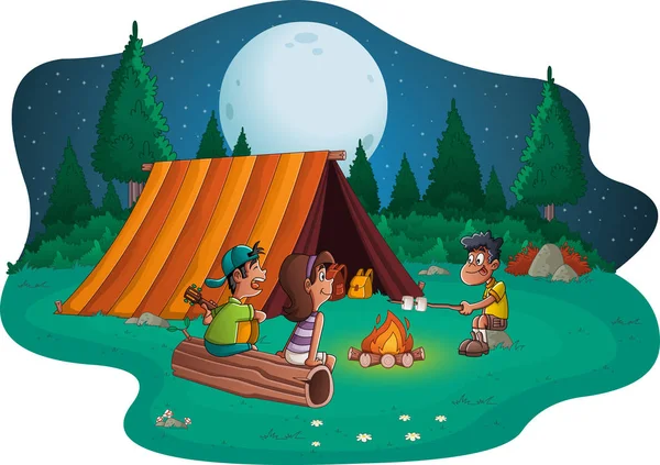 Ομάδα Παιδιών Κινούμενων Σχεδίων Γύρω Από Ένα Campfire Κάμπινγκ Παιδιά — Διανυσματικό Αρχείο