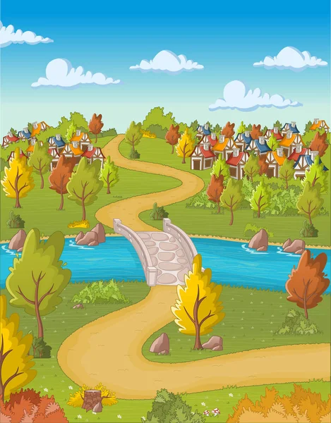 Ciudad Dibujos Animados Con Casas Carretera Bosque Verde — Vector de stock