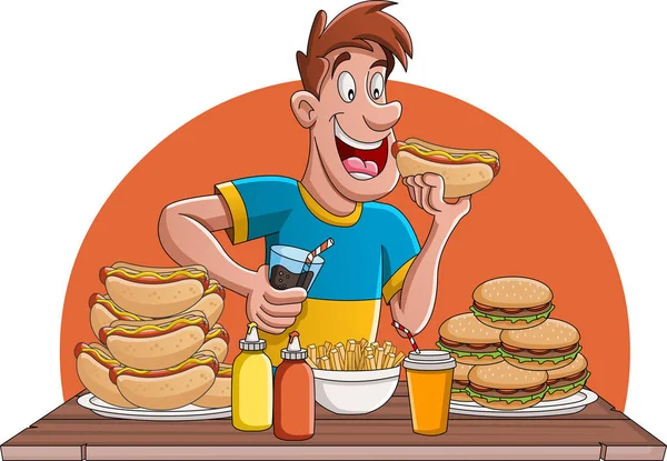 Cartoon Mann Menschen Essen Junk Food — Stockvektor