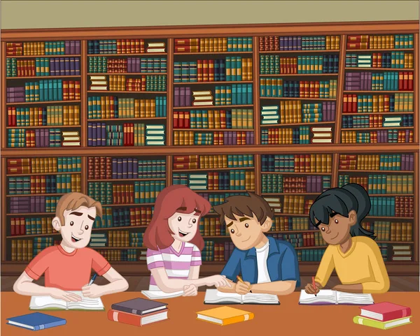 Cartoon Tiener Studenten Met Boeken Grote Bibliotheek Kinderen Studeren — Stockvector